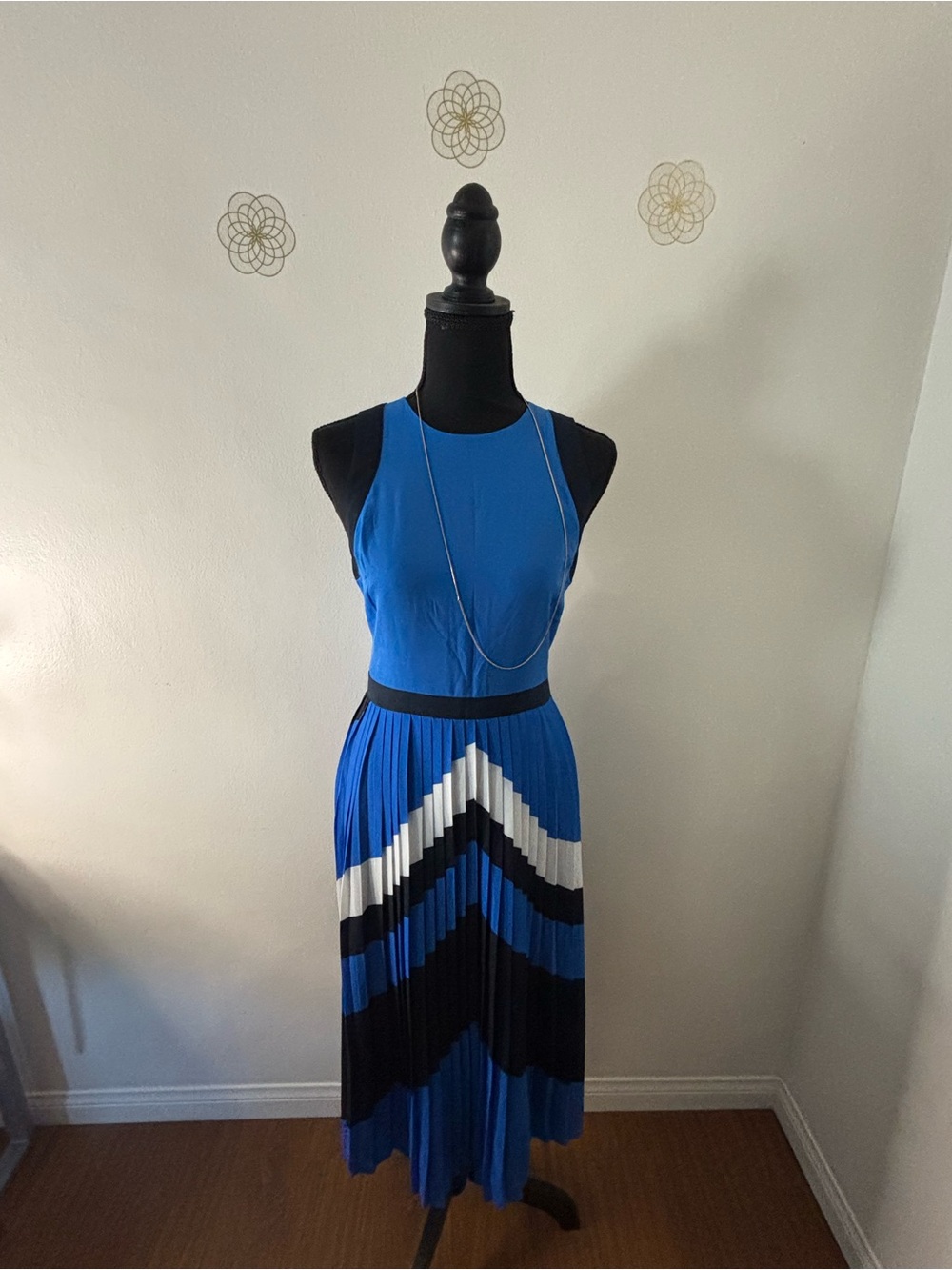 Blue Chevron Pleated Midi Dress